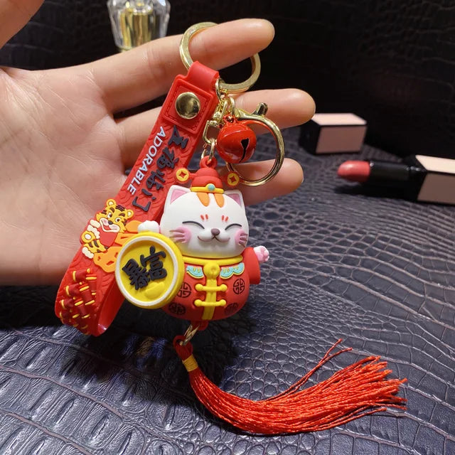 Handmade DIY Craft Rhinestone Lucky Cat Tassels Cartoon Cat Keychain Cute Bag Charm Holder Cartoon Resin Key Chain K4885