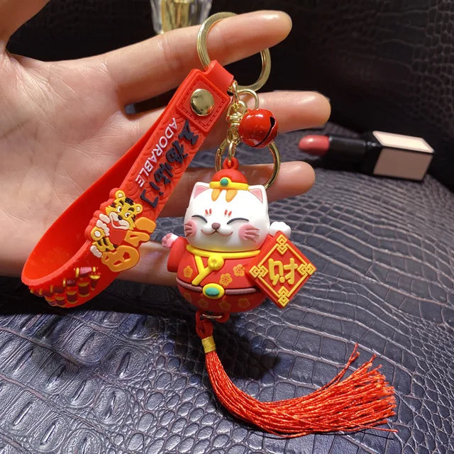 Handmade DIY Craft Rhinestone Lucky Cat Tassels Cartoon Cat Keychain Cute Bag Charm Holder Cartoon Resin Key Chain K4885