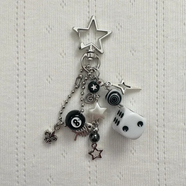 Handmade cluttered rockstar gf edgy black black & white dice keychains  grunge, deft ones, beaded , bag pendant, emo, y2k,