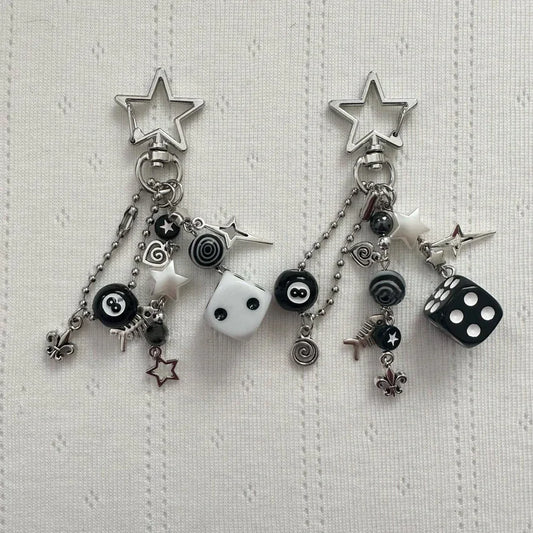 Handmade cluttered rockstar gf edgy black black & white dice keychains  grunge, deft ones, beaded , bag pendant, emo, y2k,