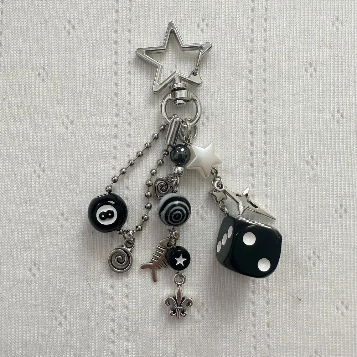 Handmade cluttered rockstar gf edgy black black & white dice keychains  grunge, deft ones, beaded , bag pendant, emo, y2k,