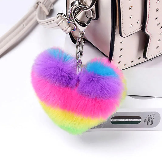 Heart Pompoms Keychain Rainbow Plush Balls Key Chains Decorative Pendant For Women Bag Accessories Keychains Car Fashion Keyring