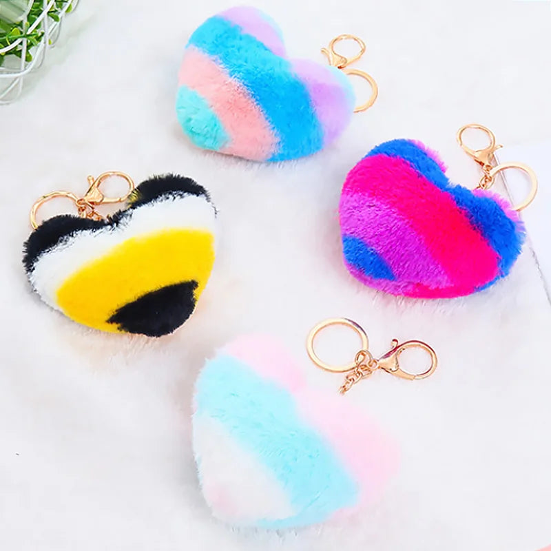 Heart Pompoms Keychain Rainbow Plush Balls Key Chains Decorative Pendant For Women Bag Accessories Keychains Car Fashion Keyring