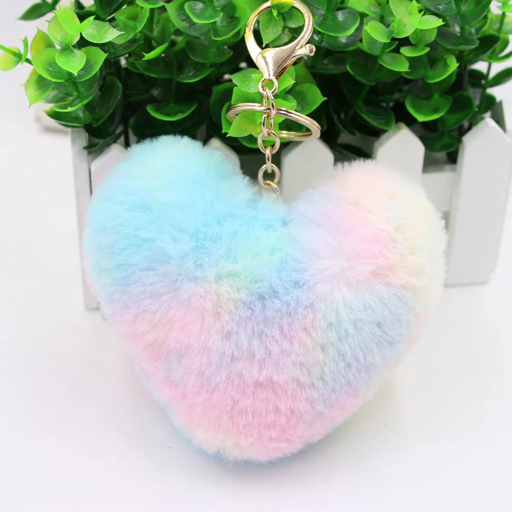 Heart Pompoms Keychain Rainbow Plush Balls Key Chains Decorative Pendant For Women Bag Accessories Keychains Car Fashion Keyring