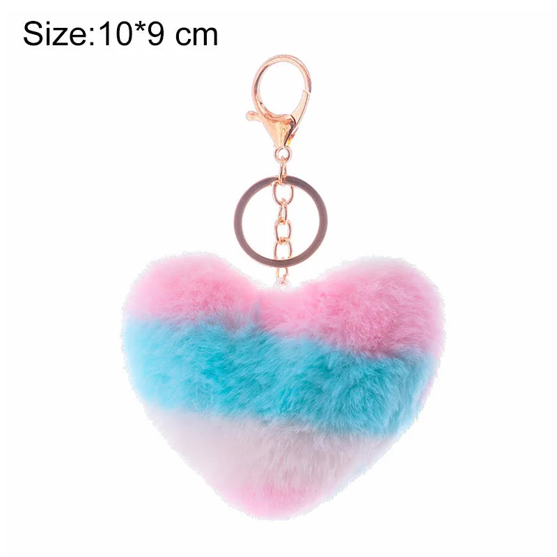 Heart Pompoms Keychain Rainbow Plush Balls Key Chains Decorative Pendant For Women Bag Accessories Keychains Car Fashion Keyring