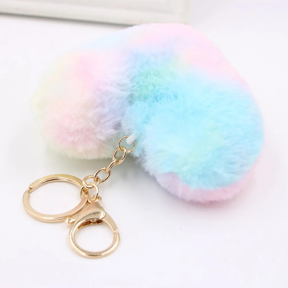 Heart Pompoms Keychain Rainbow Plush Balls Key Chains Decorative Pendant For Women Bag Accessories Keychains Car Fashion Keyring