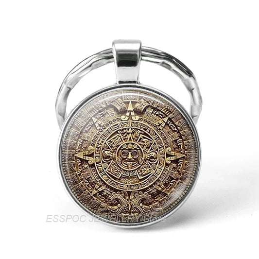 Hot Mayan Calendar Keychain Glass Vintage Key Chain Car Key Ring Mexican Aztec Calendar Pendant Gifts Dropshipping