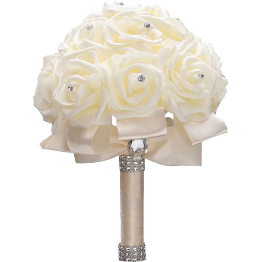 Ivory white Cream bouquet Bride Bridesmaids with diamond artificial roses suitable for wedding parties and churches