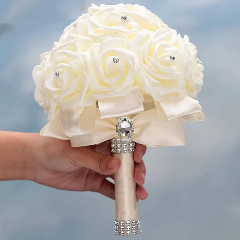 Ivory white Cream bouquet Bride Bridesmaids with diamond artificial roses suitable for wedding parties and churches