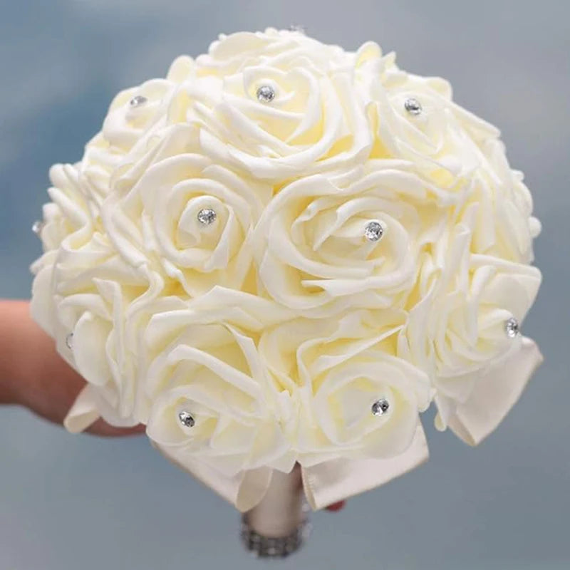 Ivory white Cream bouquet Bride Bridesmaids with diamond artificial roses suitable for wedding parties and churches