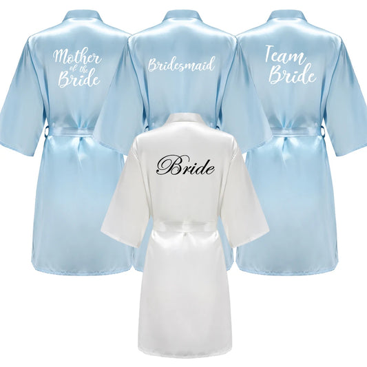 Light Blue Bridesmaid Robes Sister Mother of The Bride Kimono Wedding Best Gift White Writing Bridal Party Bathrobe