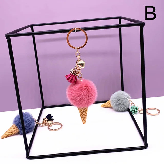 New Ice Cream Keychains for Women Men Plush Pompom Key Chain Rings Pendant Keyring Holder Charm Bag Gifts