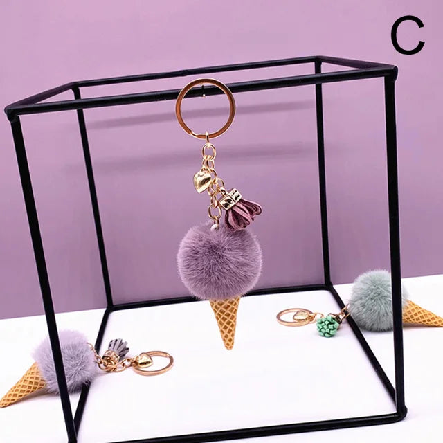 New Ice Cream Keychains for Women Men Plush Pompom Key Chain Rings Pendant Keyring Holder Charm Bag Gifts