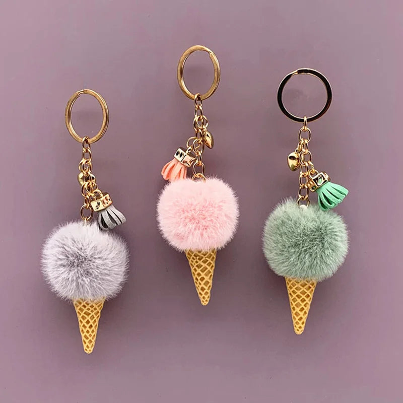 New Ice Cream Keychains for Women Men Plush Pompom Key Chain Rings Pendant Keyring Holder Charm Bag Gifts