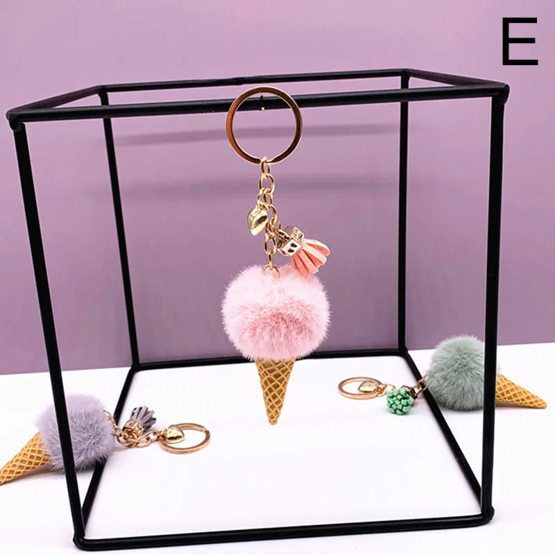 New Ice Cream Keychains for Women Men Plush Pompom Key Chain Rings Pendant Keyring Holder Charm Bag Gifts