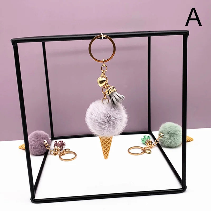 New Ice Cream Keychains for Women Men Plush Pompom Key Chain Rings Pendant Keyring Holder Charm Bag Gifts