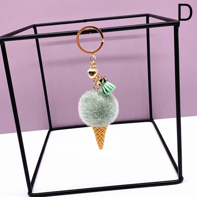 New Ice Cream Keychains for Women Men Plush Pompom Key Chain Rings Pendant Keyring Holder Charm Bag Gifts