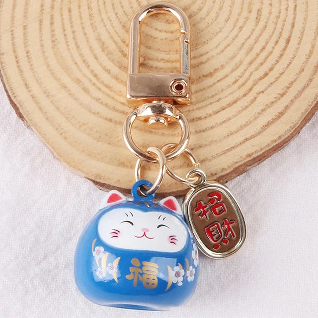 New Japanese Cute Lucky Cat Bell KeyChains Car Bag Decor Water Sound Bell Pendant Charm Keys Couple Gifts Keyring Pray Keyfob