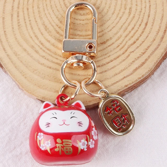 New Japanese Cute Lucky Cat Bell KeyChains Car Bag Decor Water Sound Bell Pendant Charm Keys Couple Gifts Keyring Pray Keyfob