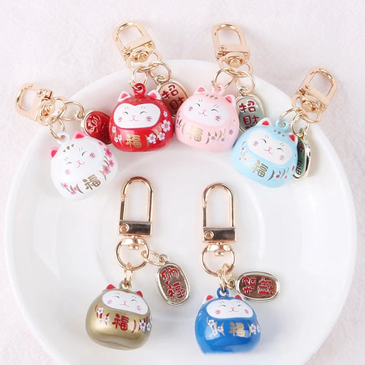 New Japanese Cute Lucky Cat Bell KeyChains Car Bag Decor Water Sound Bell Pendant Charm Keys Couple Gifts Keyring Pray Keyfob