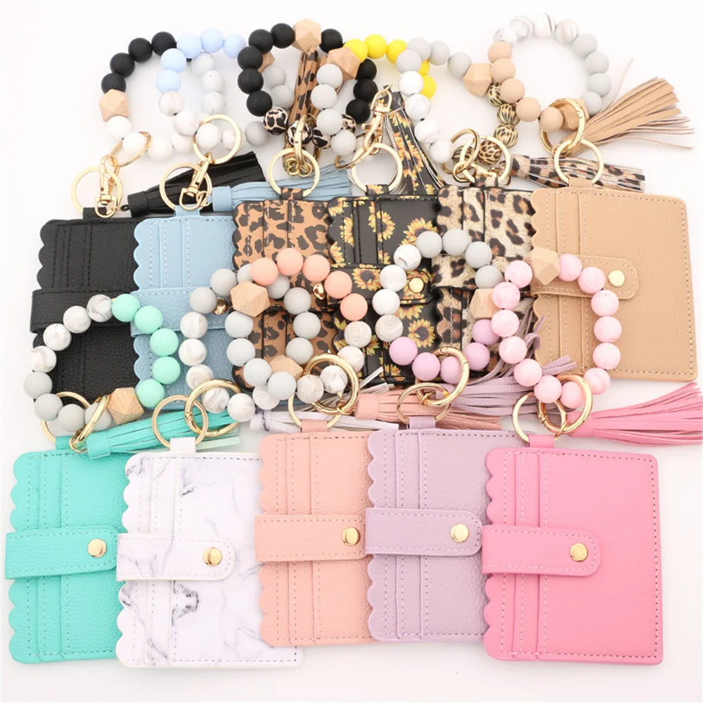 New Silicone Bead Bracelet With Leopard Print Silicone Bead Bracelet PU Tassel Womens Leather Wallet Key Wrist Keychain Pendant