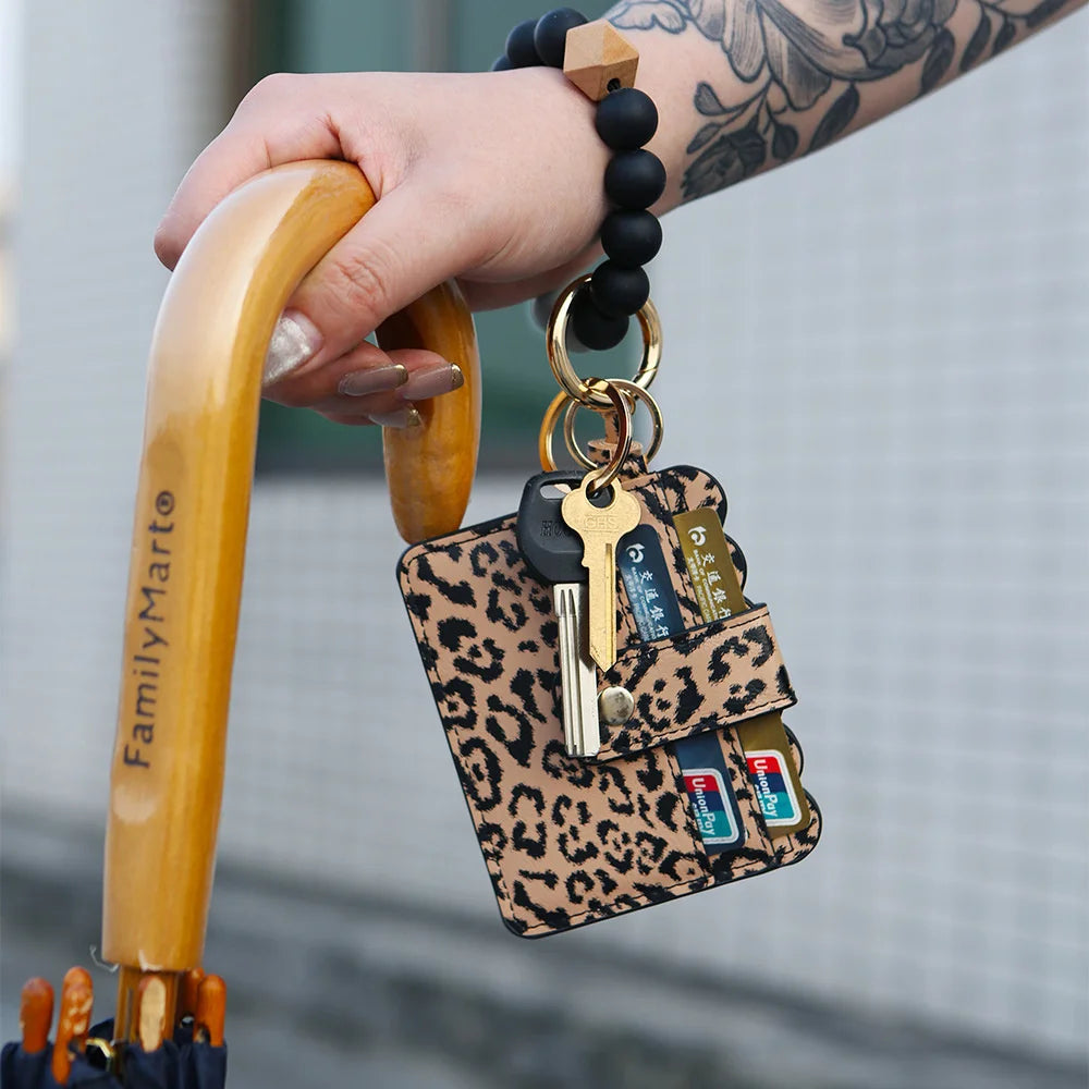 New Silicone Bead Bracelet With Leopard Print Silicone Bead Bracelet PU Tassel Womens Leather Wallet Key Wrist Keychain Pendant