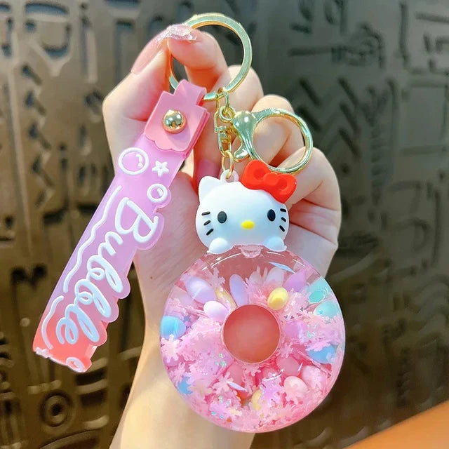 New cute Sanrio Donut Kuromi Cinnamoroll Hello Kitty keychain acrylic quicksand bottle cartoon doll bell backpack pendant gift