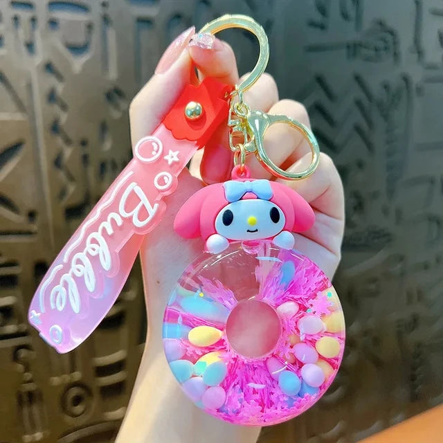 New cute Sanrio Donut Kuromi Cinnamoroll Hello Kitty keychain acrylic quicksand bottle cartoon doll bell backpack pendant gift