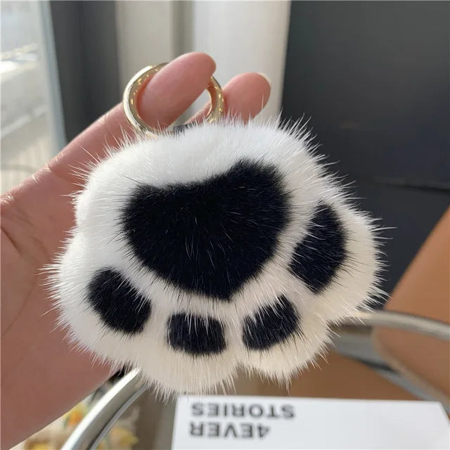 Pendant Keyrings Gift Plush Cute Cat Claw Real Mink Fur Keychain Women Bag Ornaments Small Paw Toy Soft Pom Pom Ball Car Key