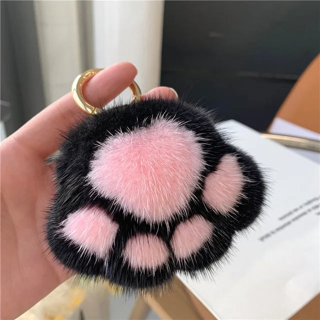 Pendant Keyrings Gift Plush Cute Cat Claw Real Mink Fur Keychain Women Bag Ornaments Small Paw Toy Soft Pom Pom Ball Car Key