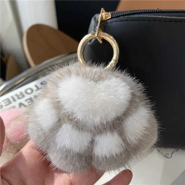 Pendant Keyrings Gift Plush Cute Cat Claw Real Mink Fur Keychain Women Bag Ornaments Small Paw Toy Soft Pom Pom Ball Car Key