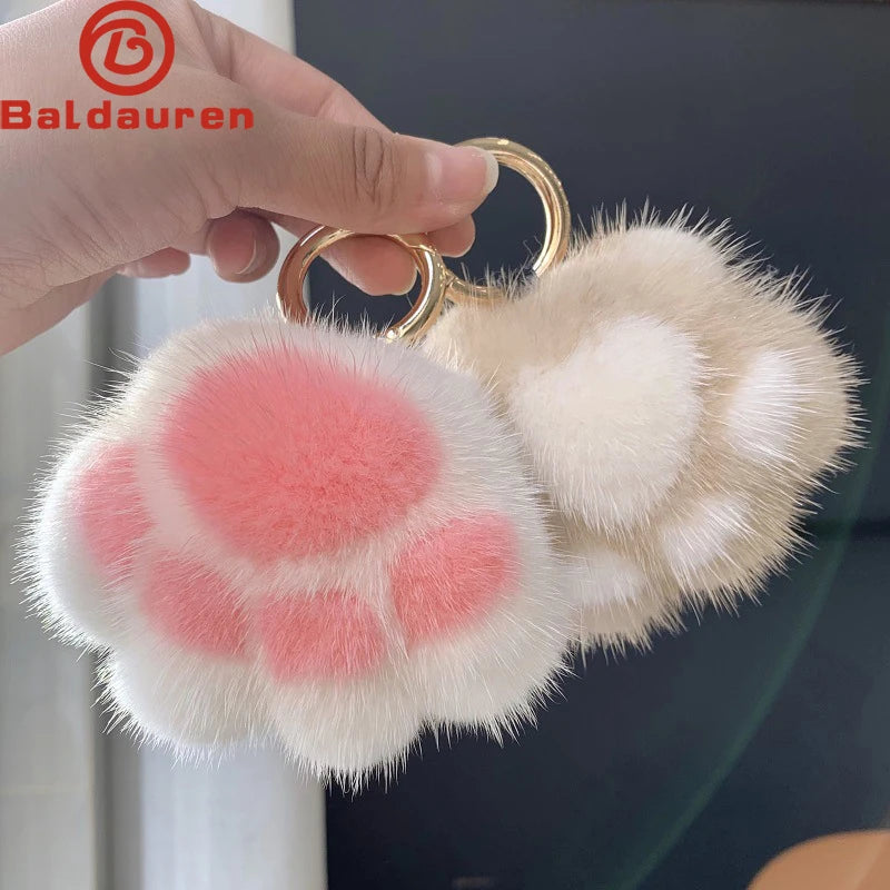 Pendant Keyrings Gift Plush Cute Cat Claw Real Mink Fur Keychain Women Bag Ornaments Small Paw Toy Soft Pom Pom Ball Car Key