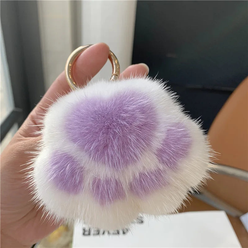 Pendant Keyrings Gift Plush Cute Cat Claw Real Mink Fur Keychain Women Bag Ornaments Small Paw Toy Soft Pom Pom Ball Car Key