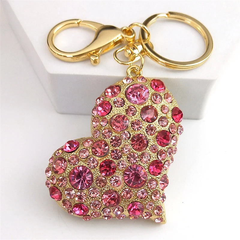 Pink Crystal Sparkling Heart Key chain for Women Exquisite Sweet Alloy Rhinestone Keyring Car Bag Accessories K9233S04