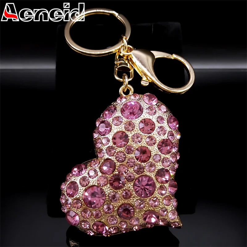 Pink Crystal Sparkling Heart Key chain for Women Exquisite Sweet Alloy Rhinestone Keyring Car Bag Accessories K9233S04