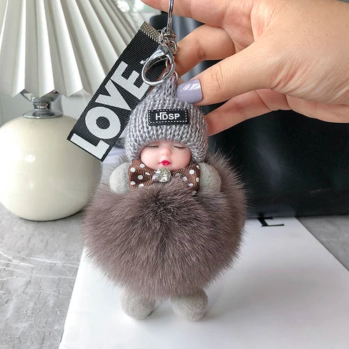 Real Fox Fur Pompom Sleeping Baby Doll Keychain Cute Fluffy Plush Doll Keychains Doll Bag Charm Women Girl Cars Key Ring Gift