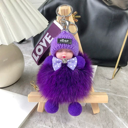 Real Fox Fur Pompom Sleeping Baby Doll Keychain Cute Fluffy Plush Doll Keychains Doll Bag Charm Women Girl Cars Key Ring Gift