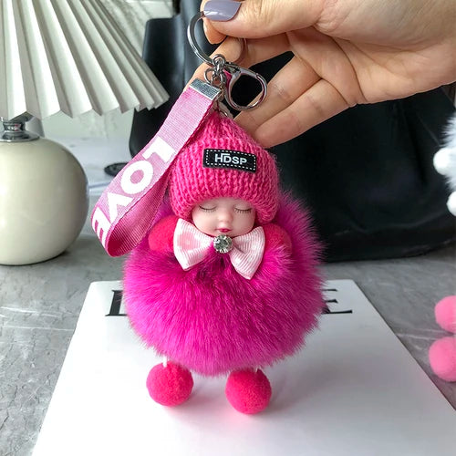 Real Fox Fur Pompom Sleeping Baby Doll Keychain Cute Fluffy Plush Doll Keychains Doll Bag Charm Women Girl Cars Key Ring Gift