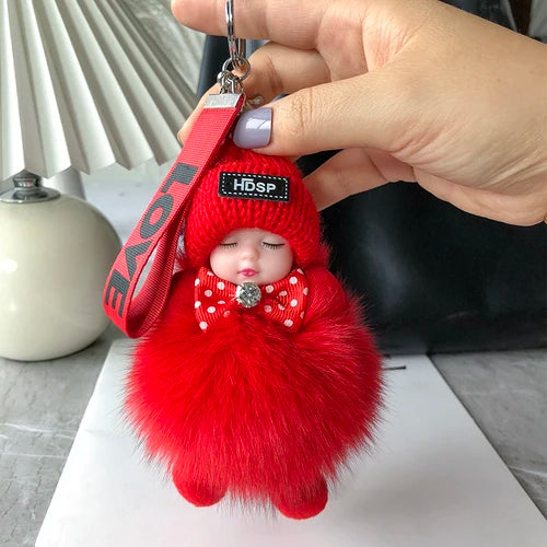 Real Fox Fur Pompom Sleeping Baby Doll Keychain Cute Fluffy Plush Doll Keychains Doll Bag Charm Women Girl Cars Key Ring Gift