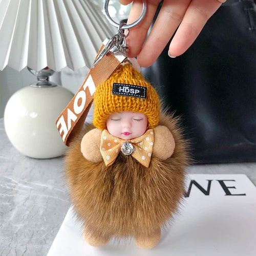 Real Fox Fur Pompom Sleeping Baby Doll Keychain Cute Fluffy Plush Doll Keychains Doll Bag Charm Women Girl Cars Key Ring Gift