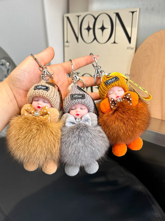 Real Fox Fur Pompom Sleeping Baby Doll Keychain Cute Fluffy Plush Doll Keychains Doll Bag Charm Women Girl Cars Key Ring Gift