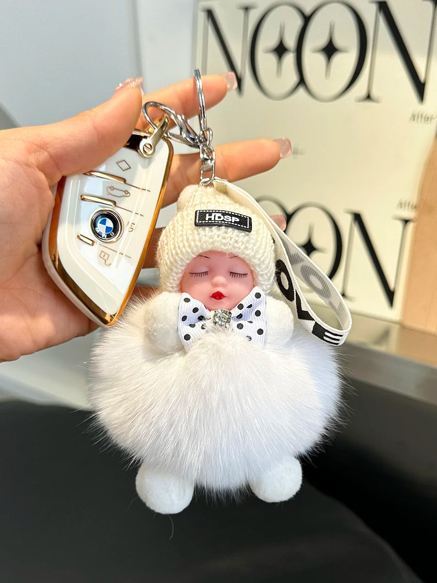 Real Fox Fur Pompom Sleeping Baby Doll Keychain Cute Fluffy Plush Doll Keychains Doll Bag Charm Women Girl Cars Key Ring Gift