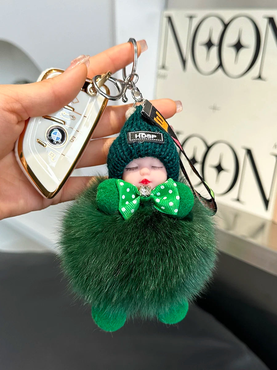 Real Fox Fur Pompom Sleeping Baby Doll Keychain Cute Fluffy Plush Doll Keychains Doll Bag Charm Women Girl Cars Key Ring Gift