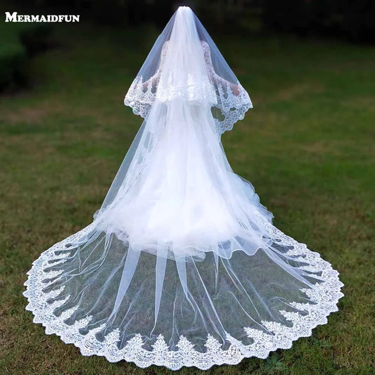 Real Photos 2 Layers Sequins Lace 3 Meters Cathedral Woodland Wedding Veils with Comb 3M Long White Ivory 2 T Bridal Veils