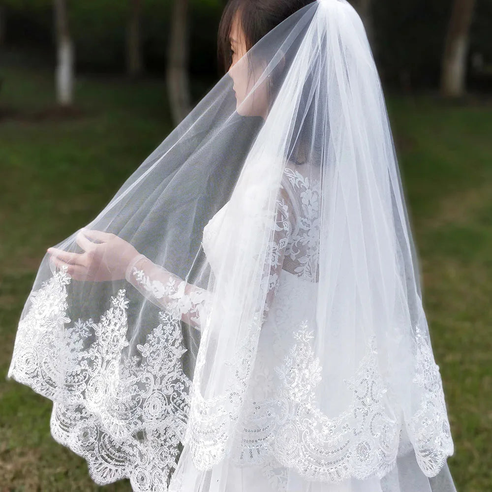 Real Photos 2 Layers Sequins Lace 3 Meters Cathedral Woodland Wedding Veils with Comb 3M Long White Ivory 2 T Bridal Veils