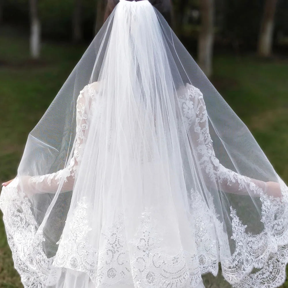 Real Photos 2 Layers Sequins Lace 3 Meters Cathedral Woodland Wedding Veils with Comb 3M Long White Ivory 2 T Bridal Veils