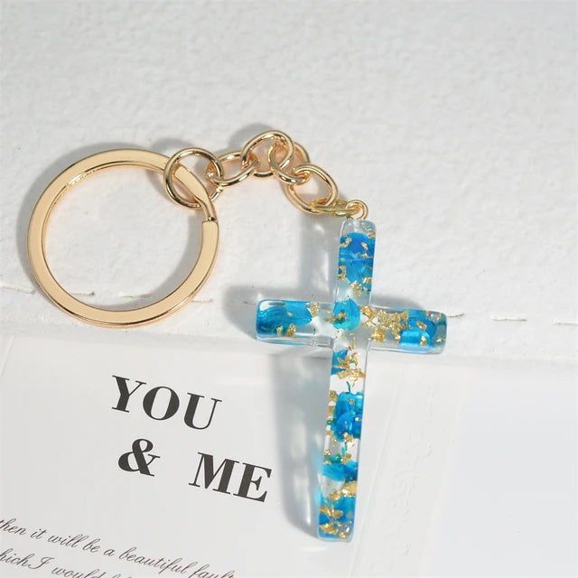 Resin Jesus Christian Cross Keychain Dry Flower Glitter Decoration Pendant Handbag Hanging Chrams Car Trinket Accessories Gift