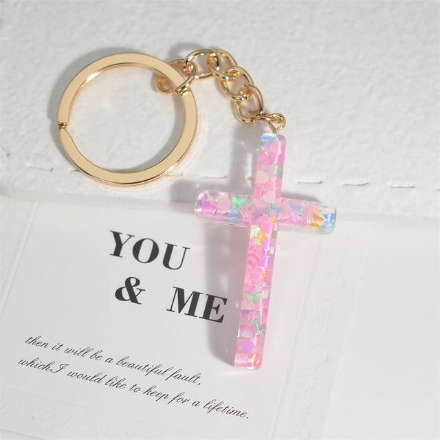 Resin Jesus Christian Cross Keychain Dry Flower Glitter Decoration Pendant Handbag Hanging Chrams Car Trinket Accessories Gift