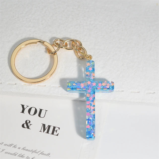 Resin Jesus Christian Cross Keychain Dry Flower Glitter Decoration Pendant Handbag Hanging Chrams Car Trinket Accessories Gift