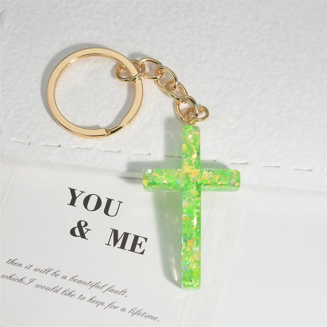 Resin Jesus Christian Cross Keychain Dry Flower Glitter Decoration Pendant Handbag Hanging Chrams Car Trinket Accessories Gift